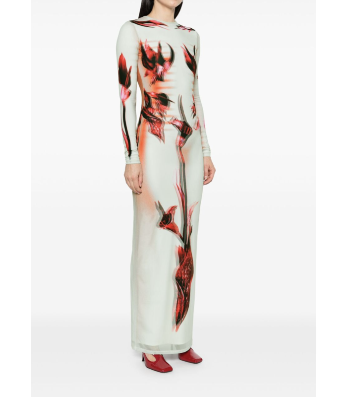 MESH AND STRETCH JERSEY DOUBLE LAYERED LONG SLEEVES DRESS PRINTED MINT/PALEPINK/RED