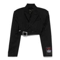 PINSTRIPE WOOL CROPPED TAILORED JACKET WITH ZIP OFF BELT BLACK/WHITE