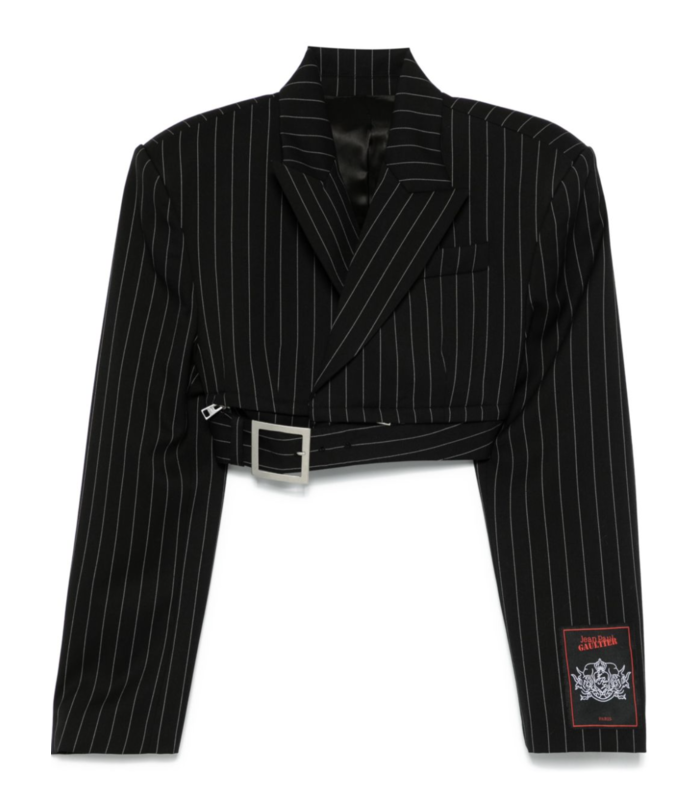 PINSTRIPE WOOL CROPPED TAILORED JACKET WITH ZIP OFF BELT BLACK/WHITE