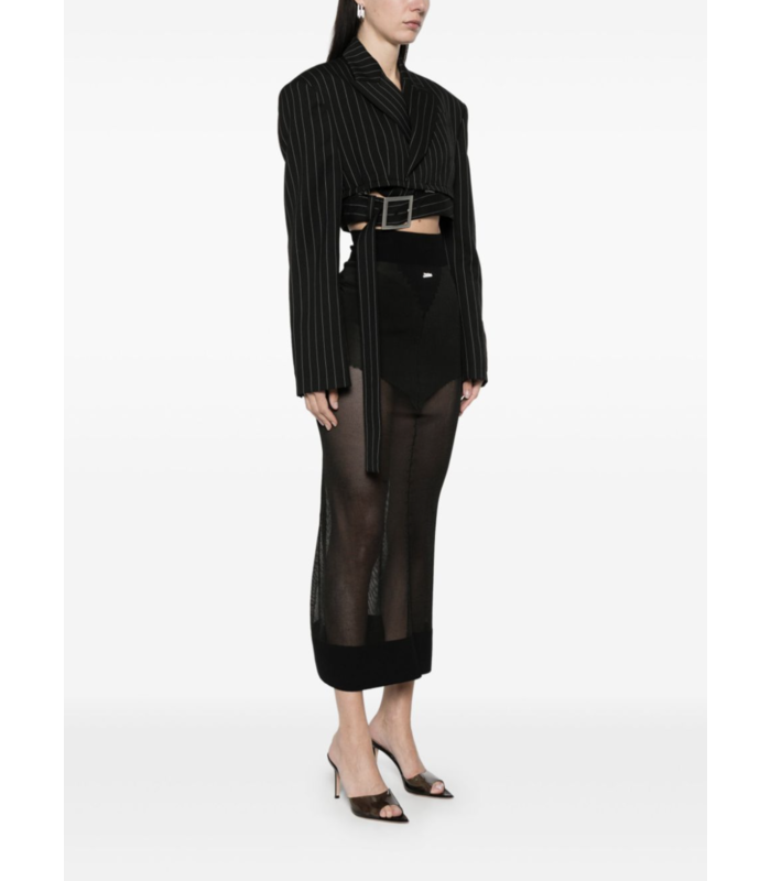 PINSTRIPE WOOL CROPPED TAILORED JACKET WITH ZIP OFF BELT BLACK/WHITE