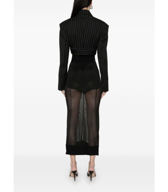 PINSTRIPE WOOL CROPPED TAILORED JACKET WITH ZIP OFF BELT BLACK/WHITE