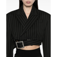 PINSTRIPE WOOL CROPPED TAILORED JACKET WITH ZIP OFF BELT BLACK/WHITE