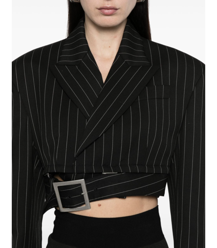 PINSTRIPE WOOL CROPPED TAILORED JACKET WITH ZIP OFF BELT BLACK/WHITE