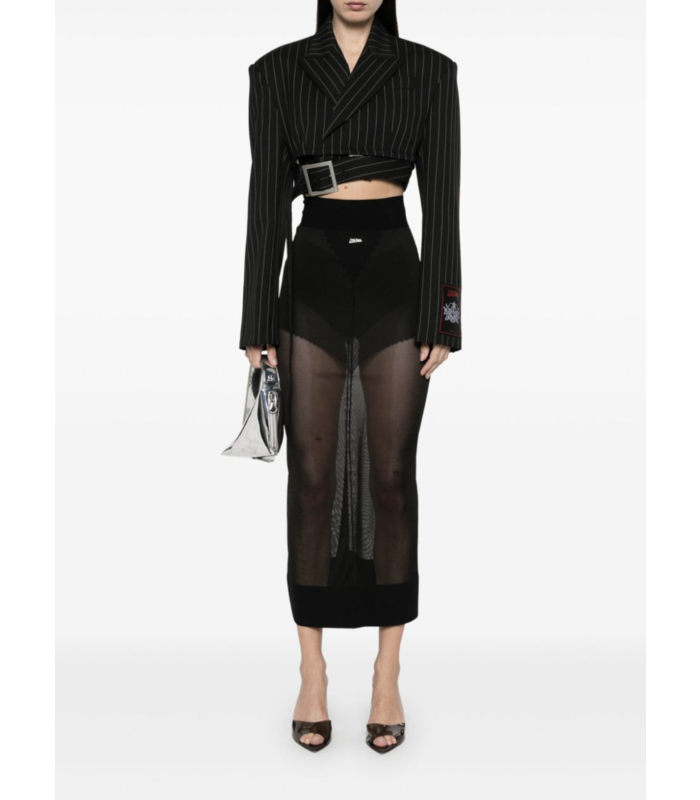 PINSTRIPE WOOL CROPPED TAILORED JACKET WITH ZIP OFF BELT BLACK/WHITE