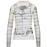 MESH LONG SLEEVES TOP PRINTED ECRU/BLACK/RED
