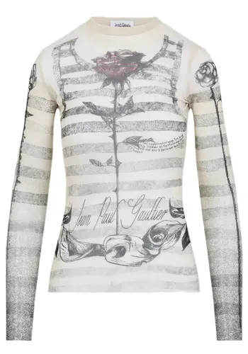 JEAN-PAUL GAULTIER mesh long sleeves top printed ecru/black/red