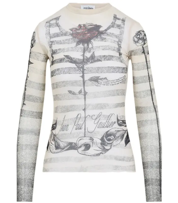 MESH LONG SLEEVES TOP PRINTED ECRU/BLACK/RED