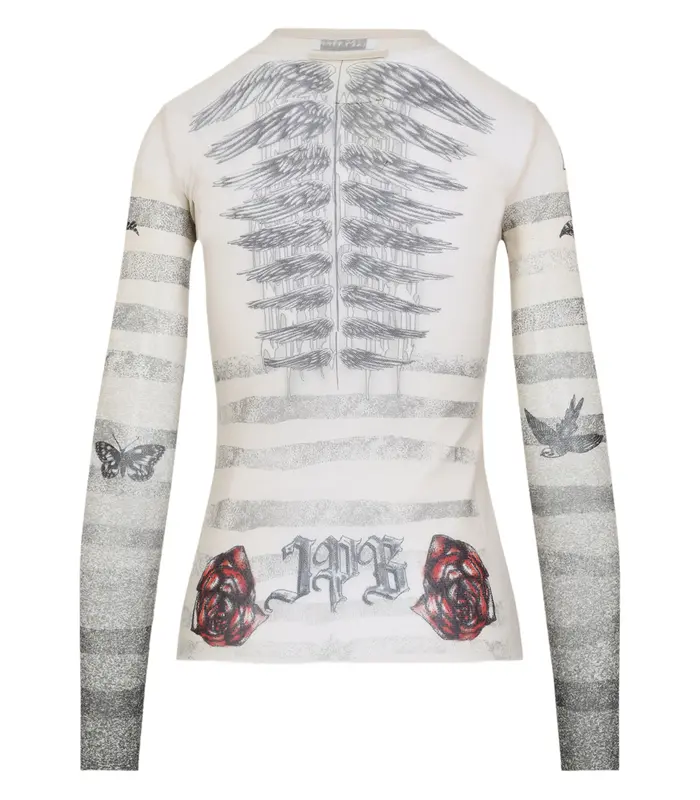 MESH LONG SLEEVES TOP PRINTED ECRU/BLACK/RED