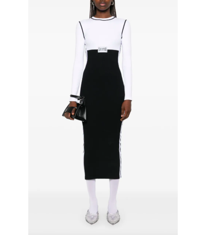 LONG DRESS COLOR BLOCK WITH PATCH WHITE/BLACK