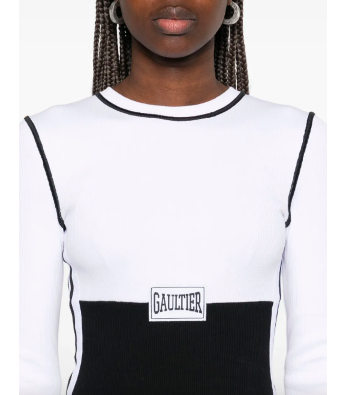 LONG DRESS COLOR BLOCK WITH PATCH WHITE/BLACK