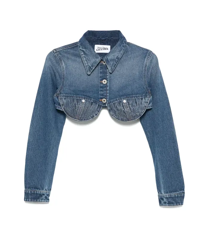 DENIM CROPPED JACKET WITH TOPSTITICHING DETAILS ON CUPS VINTAGEBLUE