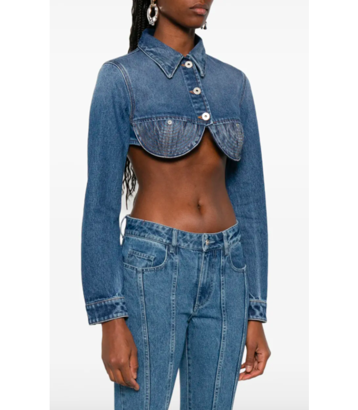 DENIM CROPPED JACKET WITH TOPSTITICHING DETAILS ON CUPS VINTAGEBLUE