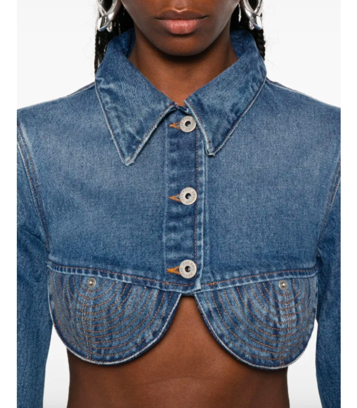 DENIM CROPPED JACKET WITH TOPSTITICHING DETAILS ON CUPS VINTAGEBLUE