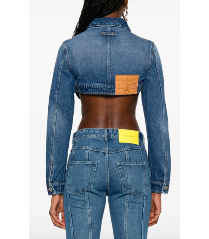 DENIM CROPPED JACKET WITH TOPSTITICHING DETAILS ON CUPS VINTAGEBLUE