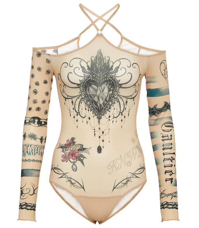 JEAN-PAUL GAULTIER CLAVICLE BODY NECK LONG SLEEVES PRINTED "TROMPE L'OEIL TATOO" NUDE