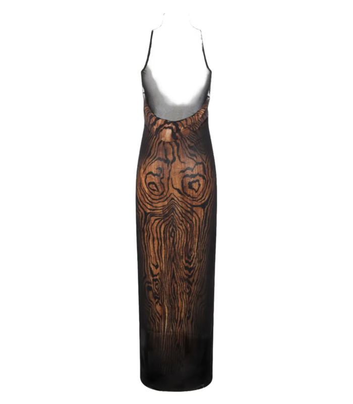 LONG MESH DRESS DOUBLE LAYER PRINTED "WOOD" BLACK/BROWN