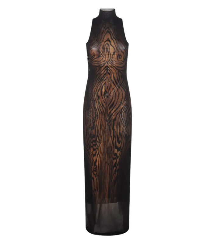 LONG MESH DRESS DOUBLE LAYER PRINTED "WOOD" BLACK/BROWN
