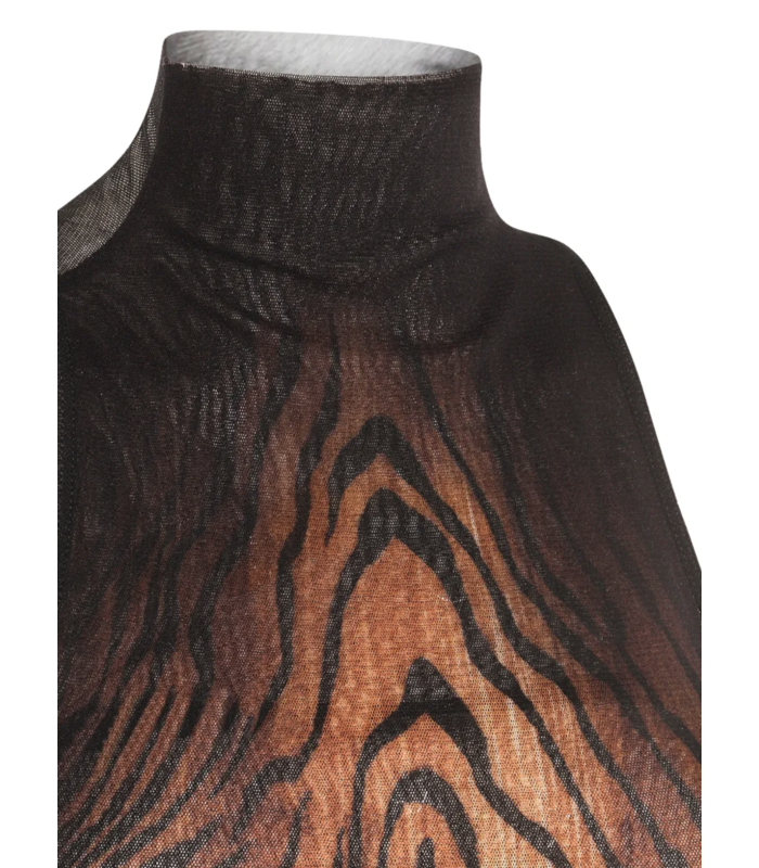 LONG MESH DRESS DOUBLE LAYER PRINTED "WOOD" BLACK/BROWN