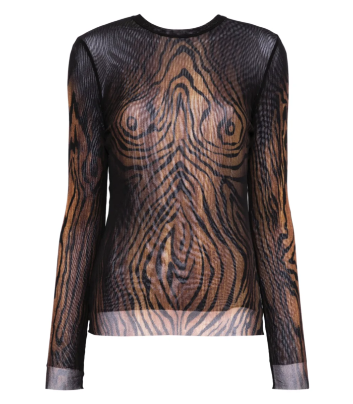 MESH LONG SLEEVES TOP PRINTED "WOOD" BLACK/BROWN