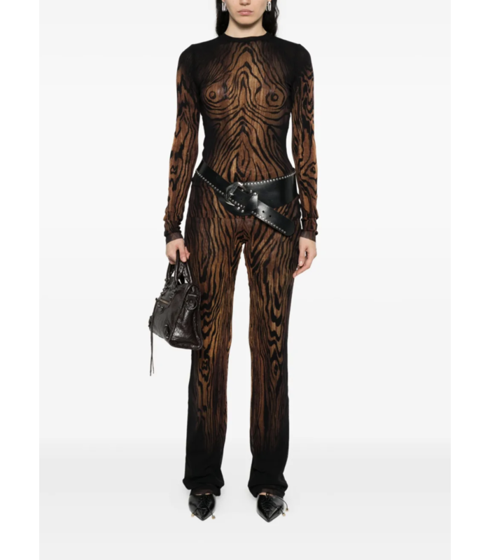 MESH LONG SLEEVES TOP PRINTED "WOOD" BLACK/BROWN