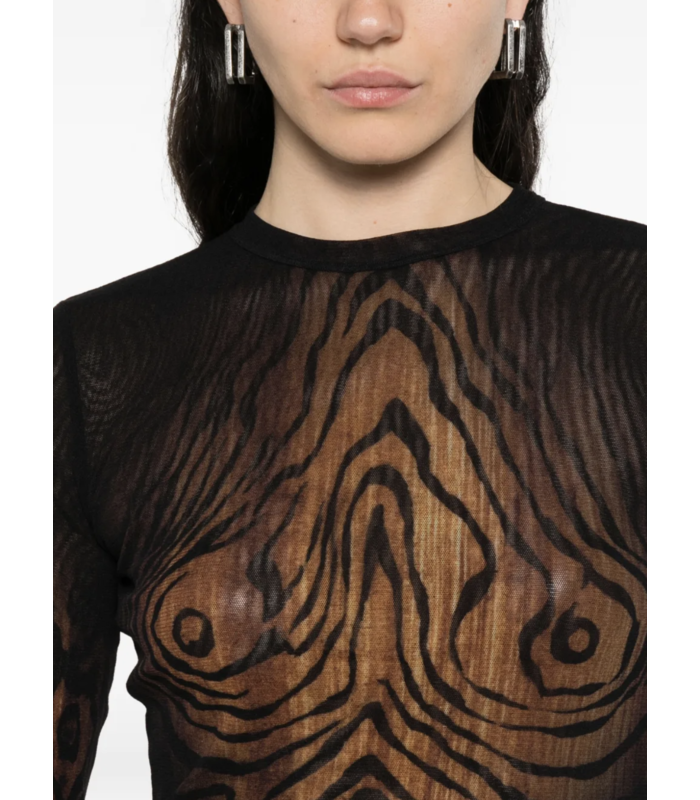 MESH LONG SLEEVES TOP PRINTED "WOOD" BLACK/BROWN