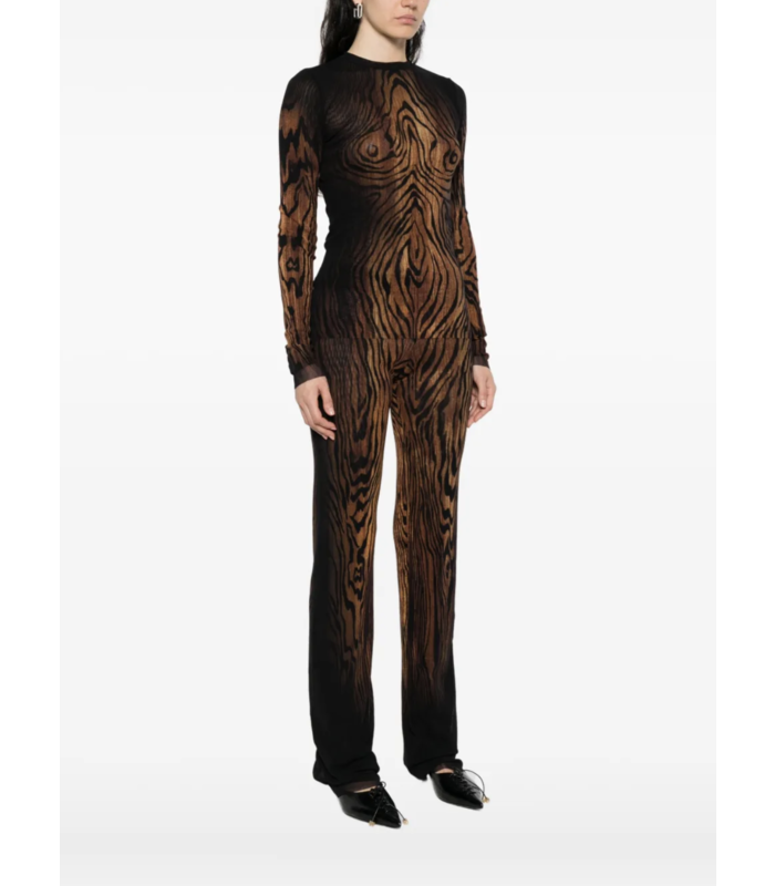MESH LONG SLEEVES TOP PRINTED "WOOD" BLACK/BROWN