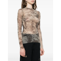 MESH LONG SLEEVES TOP PRINTED "MÉDAILLON" LIGHTBEIGE/TAUPE