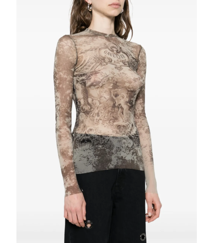 MESH LONG SLEEVES TOP PRINTED "MÉDAILLON" LIGHTBEIGE/TAUPE