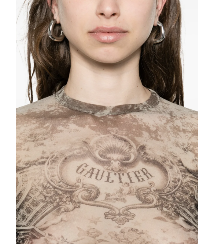 MESH LONG SLEEVES TOP PRINTED "MÉDAILLON" LIGHTBEIGE/TAUPE