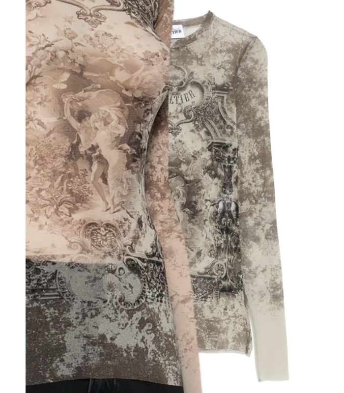 MESH LONG SLEEVES TOP PRINTED "MÉDAILLON" LIGHTBEIGE/TAUPE