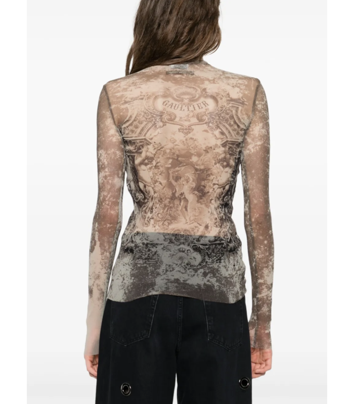 MESH LONG SLEEVES TOP PRINTED "MÉDAILLON" LIGHTBEIGE/TAUPE