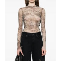 MESH LONG SLEEVES TOP PRINTED "MÉDAILLON" LIGHTBEIGE/TAUPE