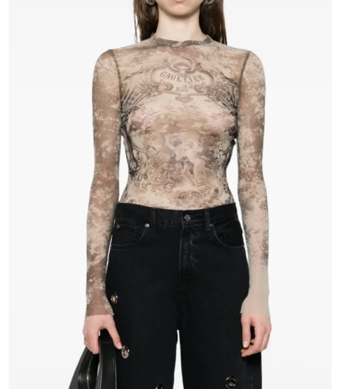 MESH LONG SLEEVES TOP PRINTED "MÉDAILLON" LIGHTBEIGE/TAUPE