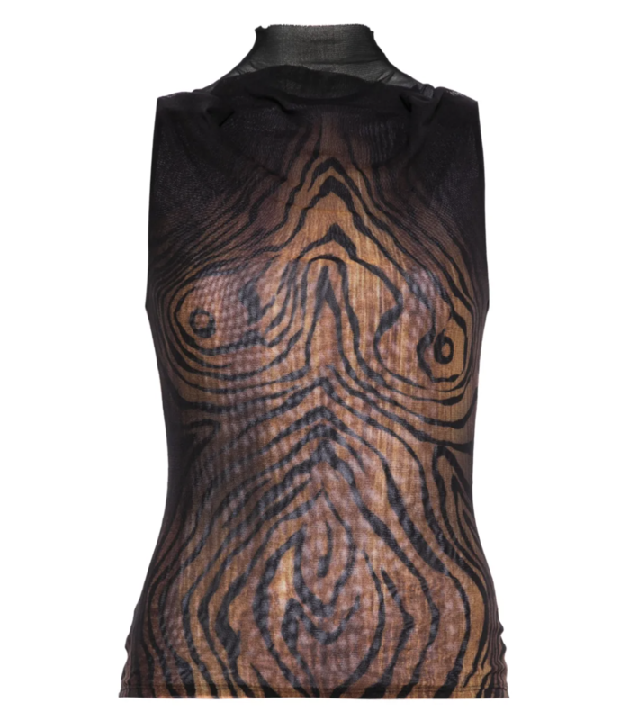 MESH HIGH NECK TANK TOP DOUBLE LAYER PRINTED "WOOD" BLACK/BROWN