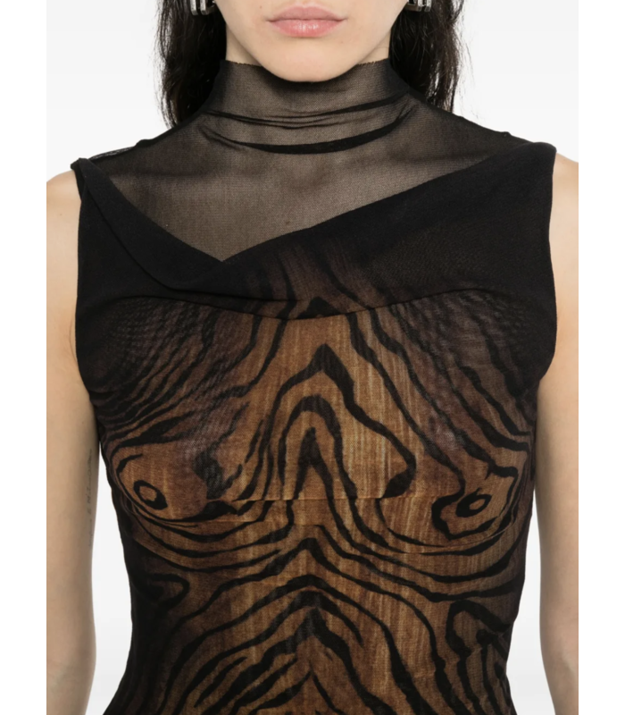MESH HIGH NECK TANK TOP DOUBLE LAYER PRINTED "WOOD" BLACK/BROWN