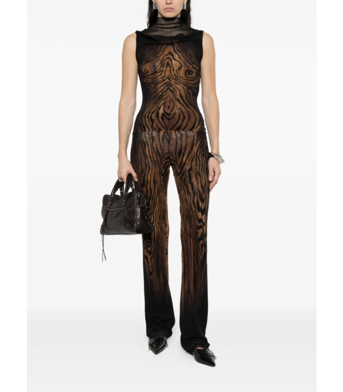 MESH HIGH NECK TANK TOP DOUBLE LAYER PRINTED "WOOD" BLACK/BROWN