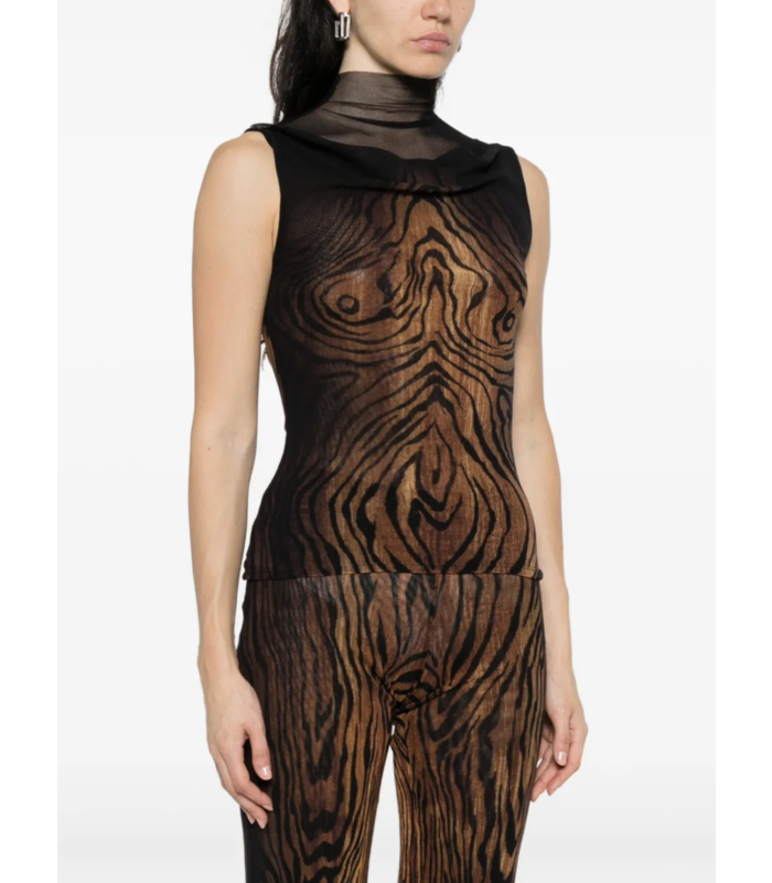 MESH HIGH NECK TANK TOP DOUBLE LAYER PRINTED "WOOD" BLACK/BROWN