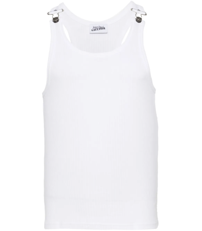 RIBBED TANK TOP WITH OVERALL BUCKLES WHITE