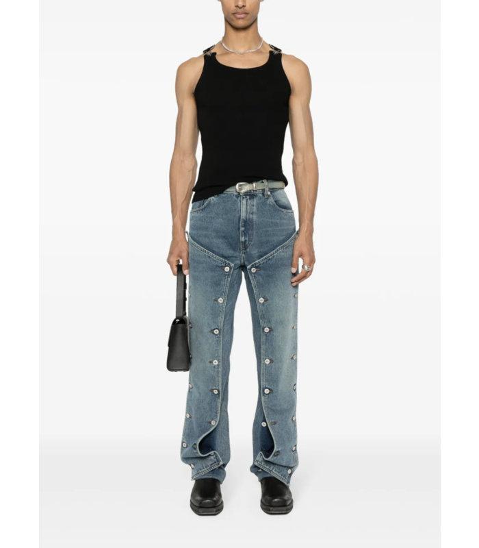 RIBBED TANK TOP WITH OVERALL BUCKLES BLACK