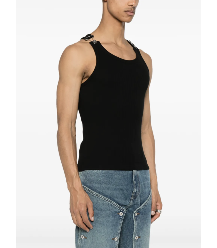 RIBBED TANK TOP WITH OVERALL BUCKLES BLACK