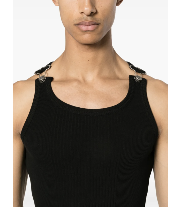 RIBBED TANK TOP WITH OVERALL BUCKLES BLACK