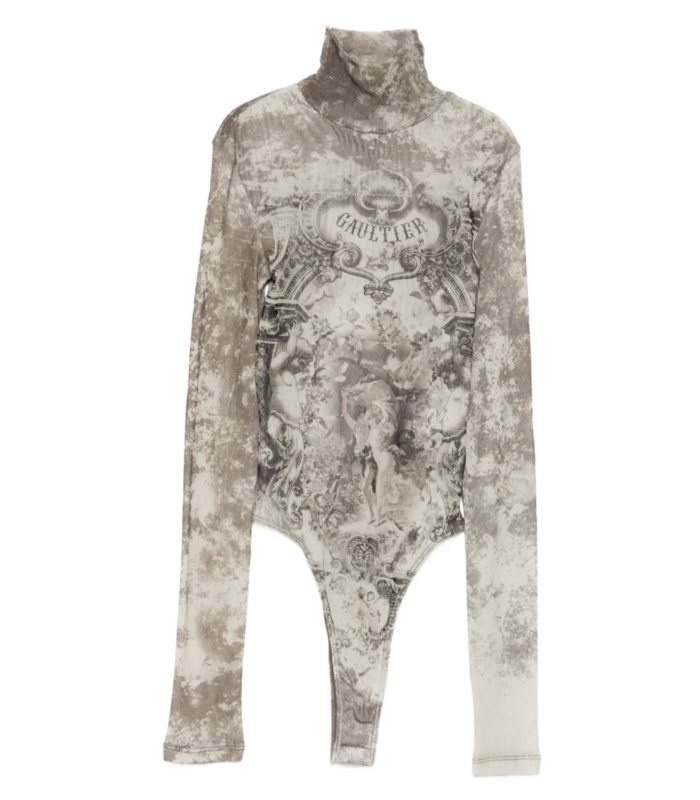 MESH BODY WITH OPEN BACK PRINTED "MÉDAILLON" LIGHTBEIGE/TAUPE