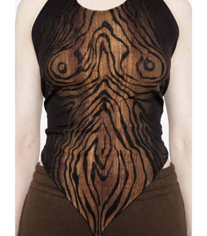 MESH SCARF TOP PRINTED "WOOD" BLACK/BROWN