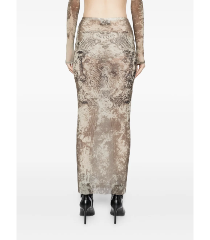 MESH LONG SKIRT PRINTED MÉDAILLON LIGHTBEIGE/TAUPE