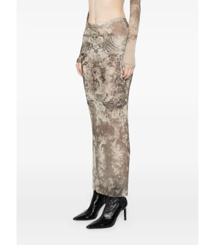 MESH LONG SKIRT PRINTED MÉDAILLON LIGHTBEIGE/TAUPE