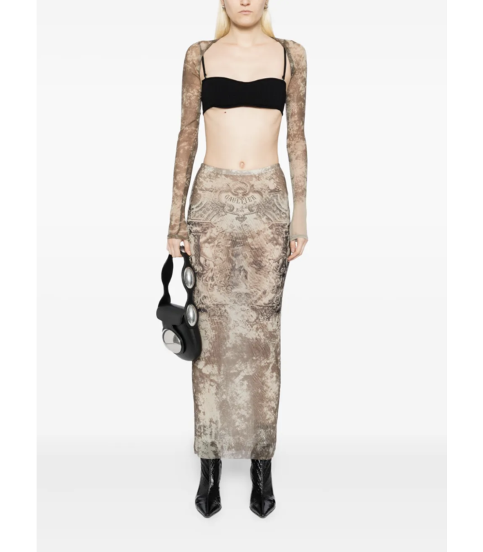MESH LONG SKIRT PRINTED MÉDAILLON LIGHTBEIGE/TAUPE