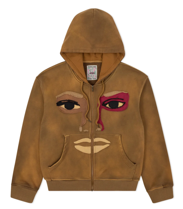 Face Patchwork heavyweight zip up Dark Brown