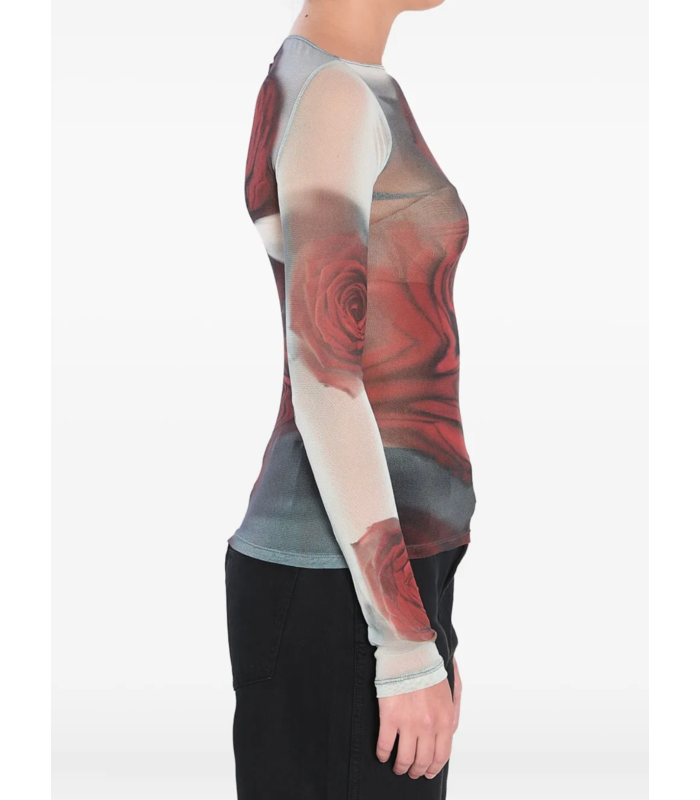 MESH BOAT NECK TOP WITH LONG SLEEVES PRINTED "BLURRY ROSES" WHITE/GREY/RED