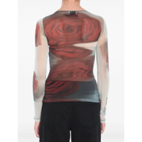 MESH BOAT NECK TOP WITH LONG SLEEVES PRINTED "BLURRY ROSES" WHITE/GREY/RED