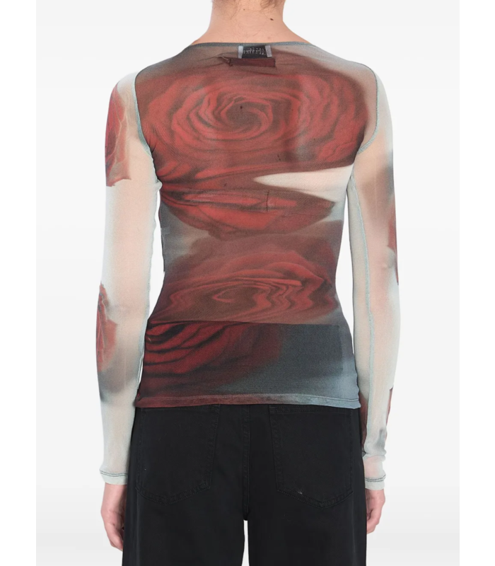MESH BOAT NECK TOP WITH LONG SLEEVES PRINTED "BLURRY ROSES" WHITE/GREY/RED